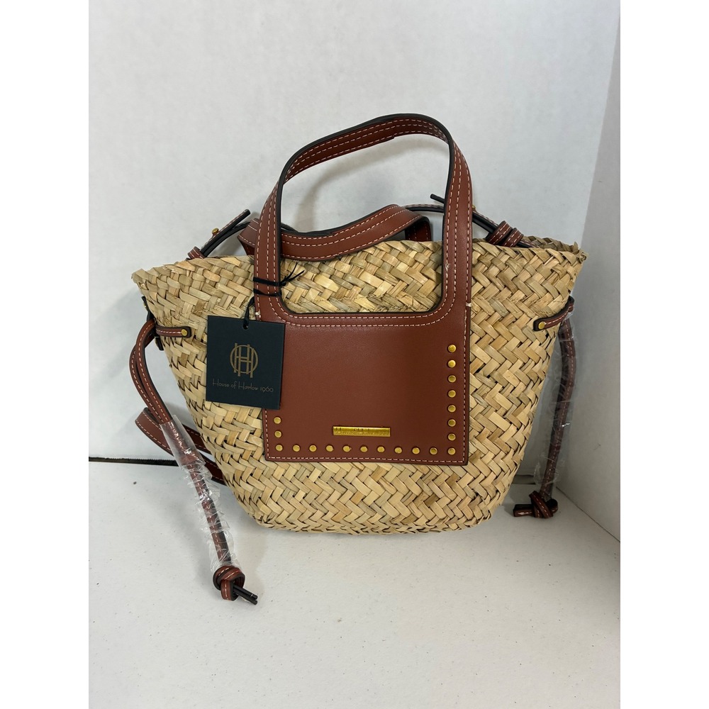 House of Harlow 1960 Woven Straw Leather Studded Tote Crossbody Bag Tan NWT